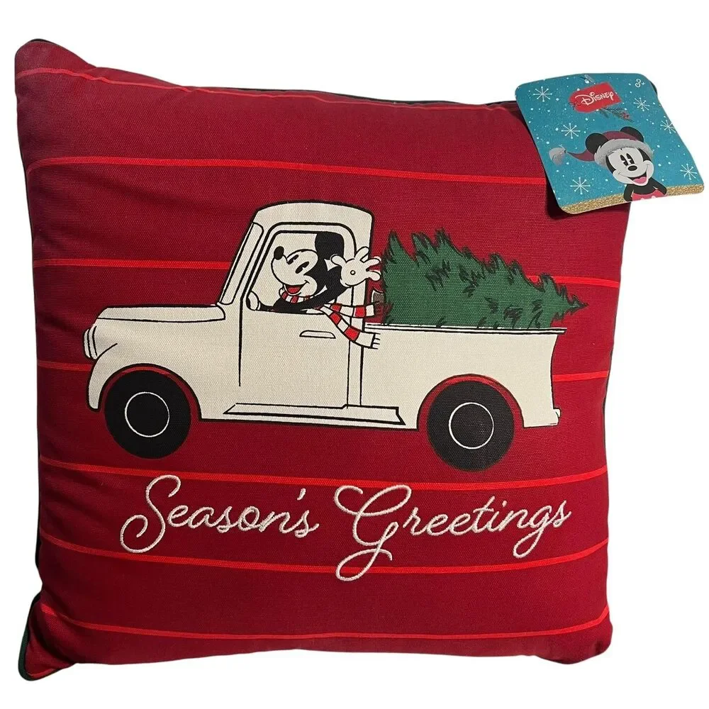 Disney Holiday Decor Pillow Mickey Mouse Season's Greetings Christmas Truck 16in